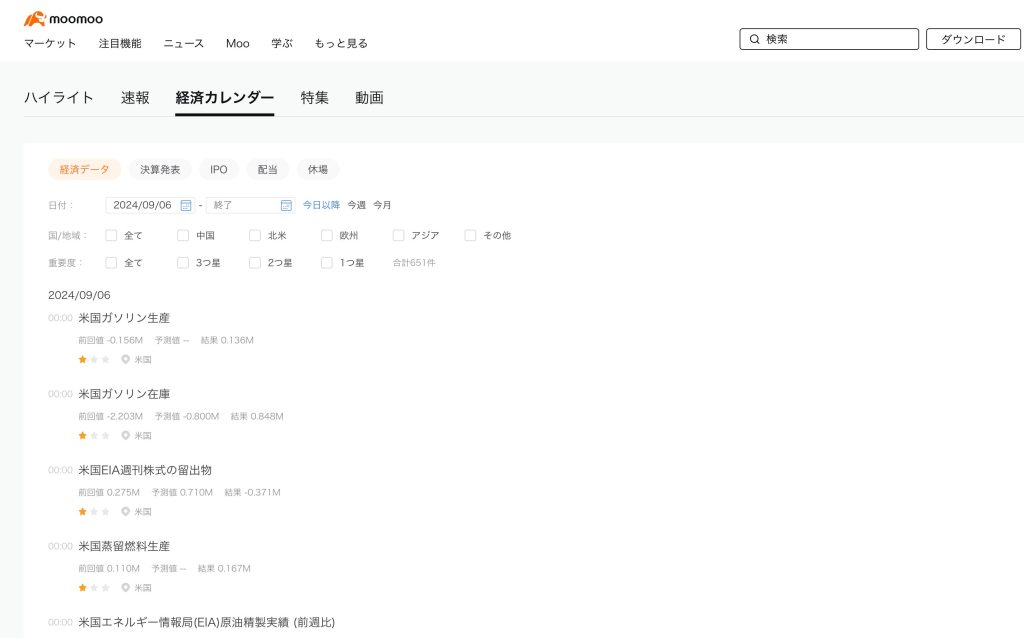 moomoo証券 経済カレンダー